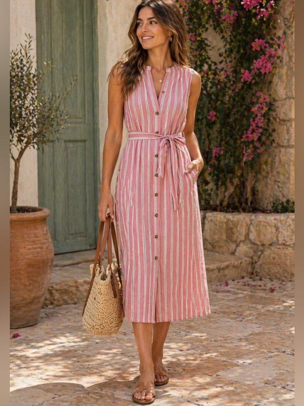 New NWT Club Monaco Womens Sleeveless button front striped dress in pink size 6